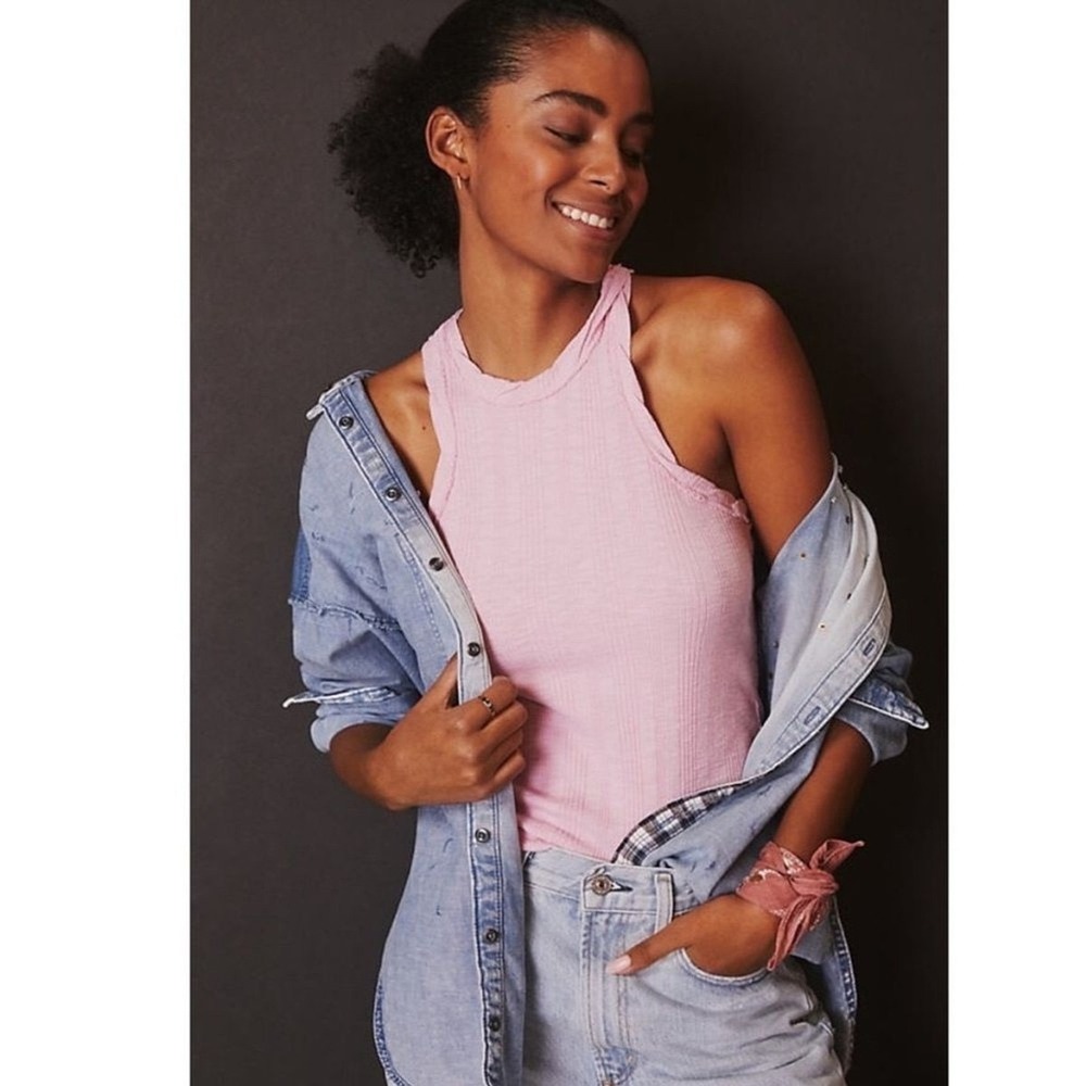 Anthropologie Pilcro Twisted Trim Ribbed Tank Top Orchid Pink XL